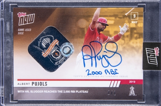 2019 Topps Now #204E Albert Pujols Game-Used Base Relic Signed & Inscribed Card "2000 RBI" (#1/1) - TOPPS ENCASED